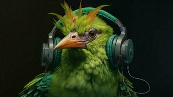 een vogel met groen ogen en een hoofdtelefoons Aan het foto