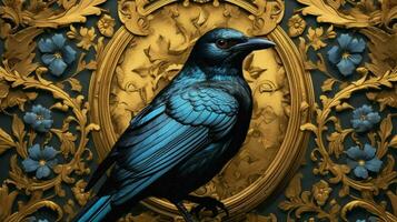 een blauw vogel is zittend in voorkant van een goud foto