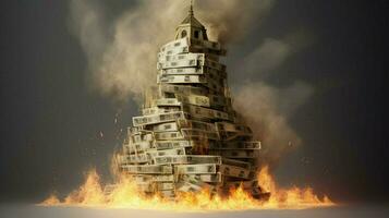 een brandend huis van stack van geld foto