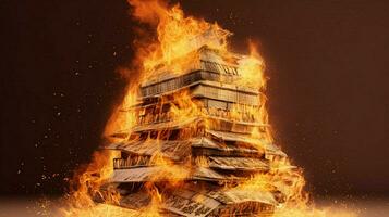 een brandend huis van stack van geld foto