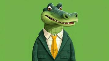 een tekenfilm krokodil met een groen overhemd en zwart foto