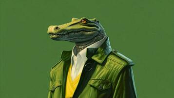 een krokodil met een groen jasje en een groen jacke foto
