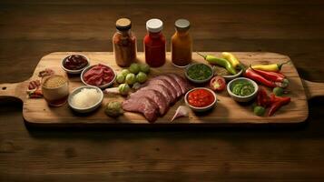 een snijdend bord met vlees en sauzen Aan het foto