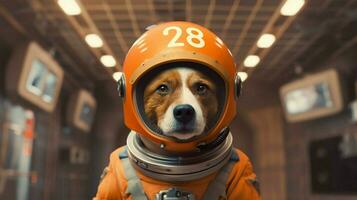 een hond in een oranje ruimte pak met de getallen foto