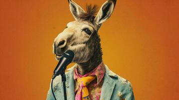 een ezel in een jasje met een microfoon in zijn oor foto