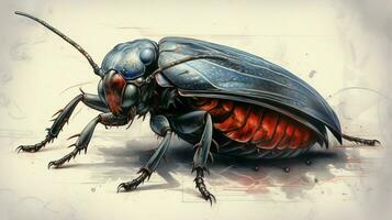 een tekening van een kakkerlak met rood ogen en een rood foto