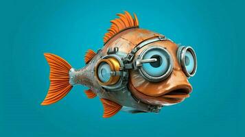 een vis met een helm en bril dat zegt vis foto