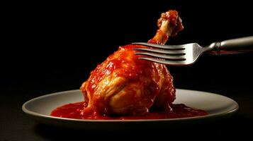 een vork is Holding een kip met een rood saus foto