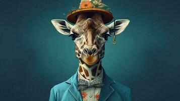 een giraffe met een blauw jasje en een blauw hoed foto