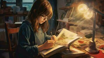 een meisje is lezing een boek met de titel meisje foto