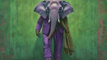 een groen poster van een olifant met een Purper overhemd foto