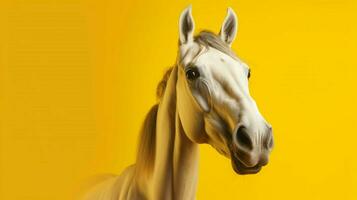 een paard met een grappig gezicht is Aan een geel achtergrondgeluid foto