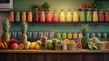 een sap bar met vers groente en fruit foto