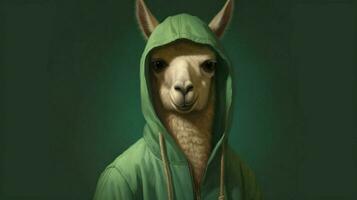 een lama in een groen jasje en groen capuchon foto