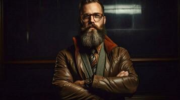 een Mens met een baard vervelend bril en een jasje foto