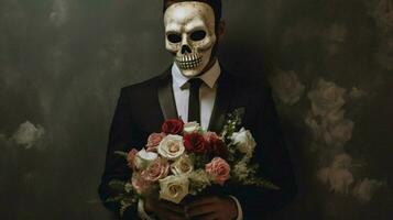een Mens met een schedel masker Holding rozen foto