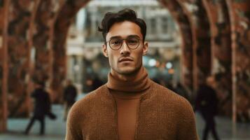 een Mens met bril en een bruin trui foto