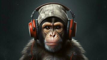 een aap met een pet en hoofdtelefoons Aan foto