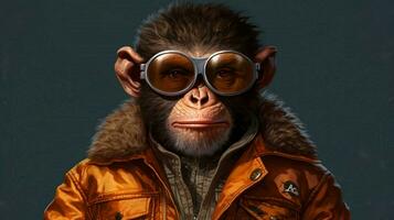 een aap met bril en een jasje dat zegt plan foto