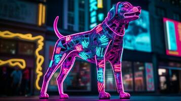 een neon luipaard hond in een stad foto