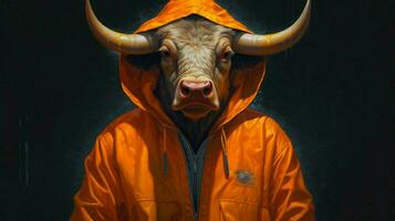 een schilderij van een stier vervelend een oranje jasje foto