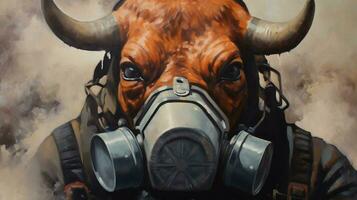 een schilderij van een stier met een gas- masker Aan het foto