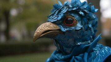 een persoon gekleed net zo een vogel met een blauw masker Aan foto