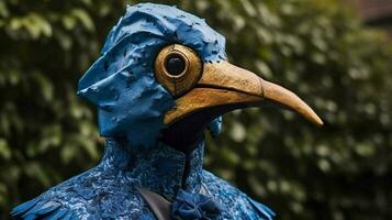 een persoon gekleed net zo een vogel met een blauw masker Aan foto