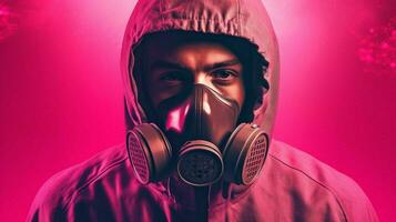 een roze poster met een Mens vervelend een gas- masker foto
