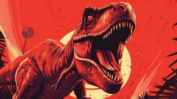 een poster voor een dinosaurus met een rood achtergrond foto