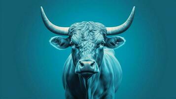 een poster van een stier met een blauw achtergrond foto