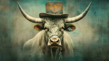 een poster van een stier met hoorns en een blauw hoed foto
