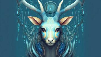 een poster van een hert met een blauw hoofd en hoorns foto