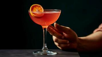 een rood cocktail met een oranje plak wezen gehouden door foto