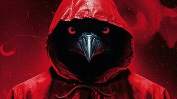 een rood en zwart poster van een vogel met een rood kap foto