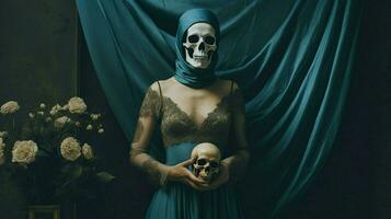 een vrouw in een blauw jurk met een schedel masker Aan haar foto