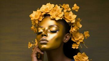 een vrouw in een goud masker met een bloem Aan haar gezicht foto