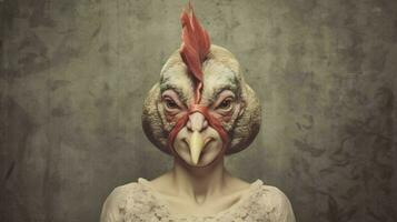 een vrouw vervelend een kip masker en een vogel Aan haar foto