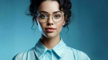 een vrouw vervelend bril met een wit top en een li foto