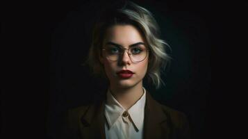 een vrouw vervelend bril staat in voorkant van een donker foto