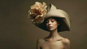 een vrouw met een hoed en een bloem Aan haar hoofd foto