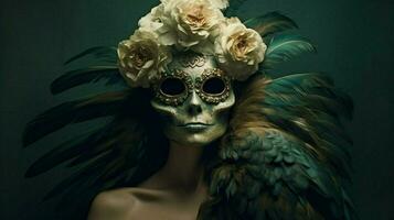 een vrouw met een schedel masker en een vogel Aan haar hoofd foto