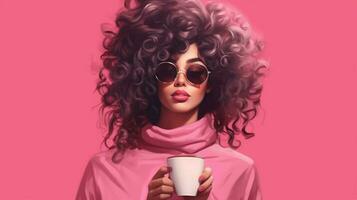 een vrouw met zonnebril en een roze kop van koffie foto
