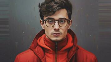 een jong Mens vervelend bril met een rood trui een foto