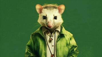 een illustratie van een opossum met een groen jasje foto