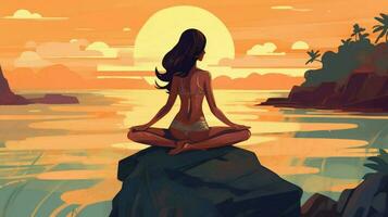 Bij de kust een vrouw praktijken yoga illustratie foto