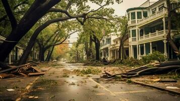 leeg en verwoest straat met vallend boom foto