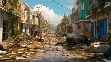 vliegend puin en vuilnis in straten na orkaan foto