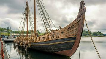 volledige schaal viking schip aangemeerd Bij haven met zeilen foto