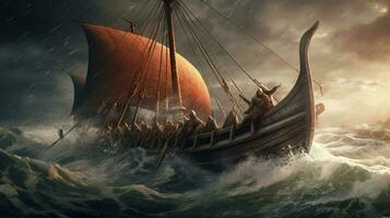majestueus viking schip het zeilen Aan stormachtig zeeën met foto